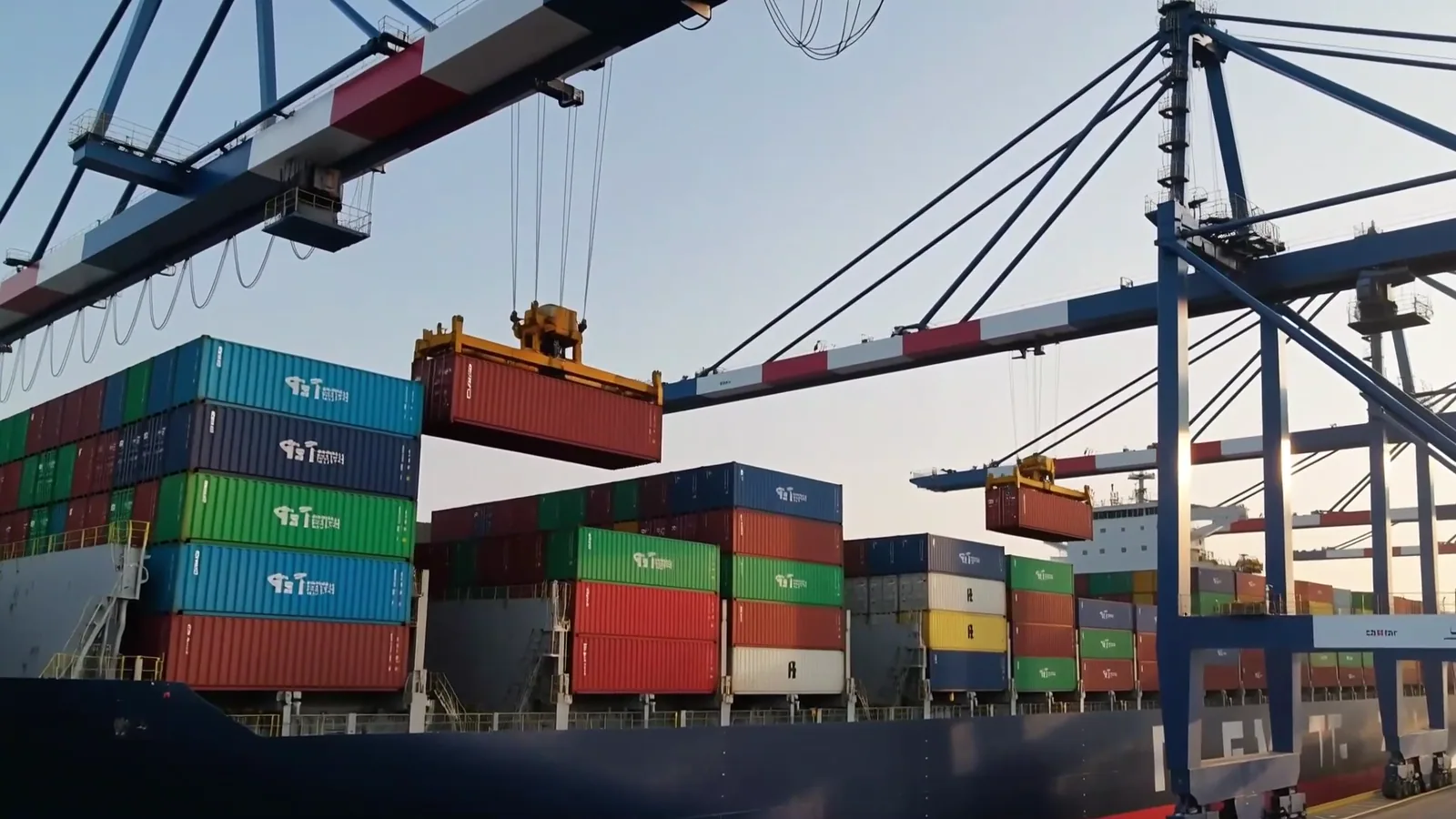 Modern container terminal operations with cranes and organized cargo lanes